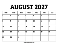 August 2027 Calendar Printable