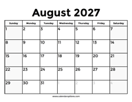 August 2027 Calendar With Holidays