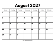 August 2027 Calendar