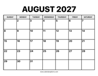 August Calendar 2027