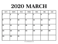 Calendar 2020 March
