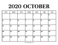 Calendar 2020 October