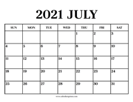 Calendar 2021 July