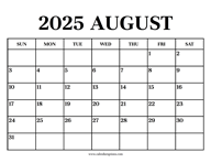 Calendar 2025 August