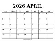 Calendar 2026 April