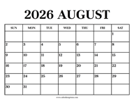 Calendar 2026 August