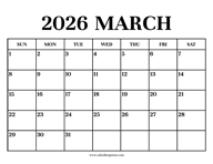 Calendar 2026 March