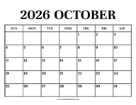 Calendar 2026 October