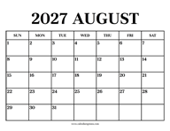 Calendar 2027 August