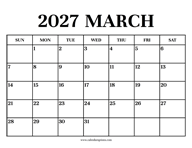 Calendar 2027 March