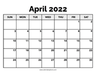 Calendar April 2022