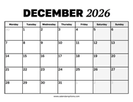 December 2026 Calendar Monday Start
