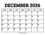 December 2026 Calendar Printable