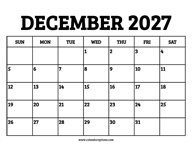 December 2027 Calendar Printable