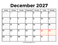 December 2027 Calendar With Holidays