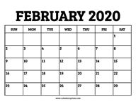 February 2020 Calendar Printable