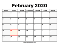 February 2020 Calendar With Holidays