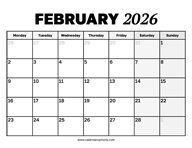 February 2026 Calendar Monday Start