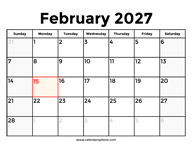 February 2027 Calendar With Holidays