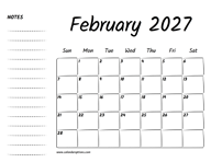 February 2027 Printable Calendar