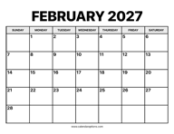 February Calendar 2027