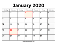 January 2020 Calendar With Holidays