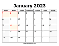 January 2023 Calendar With Holidays