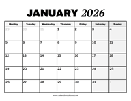 January 2026 Calendar Monday Start