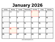 January 2026 Calendar With Holidays