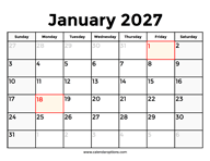 January 2027 Calendar With Holidays
