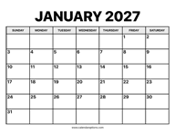 January Calendar 2027