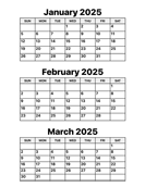 January, February and March 2025 Calendar