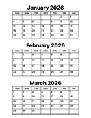 January, February and March 2026 Calendar
