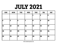 July 2021 Calendar Printable