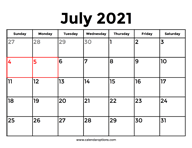 July 2021 Calendar With Holidays