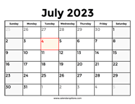 July 2023 Calendar With Holidays
