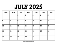 July 2025 Calendar Printable