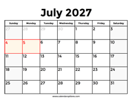 July 2027 Calendar With Holidays