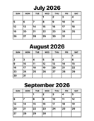 July, August and September 2026 Calendar