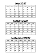 July, August and September 2027 Calendar