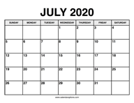 July Calendar 2020