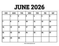 June 2026 Calendar Printable