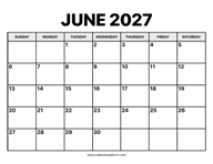 June Calendar 2027