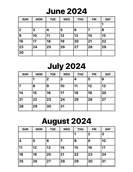 June July August 2024 Calendar
