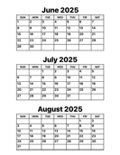 June July August 2025 Calendar