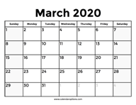 March 2020 Calendar With Holidays