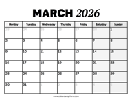 March 2026 Calendar Monday Start