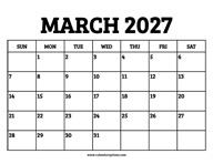 March 2027 Calendar Printable
