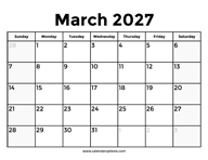 March 2027 Calendar With Holidays