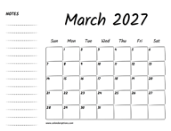 March 2027 Printable Calendar